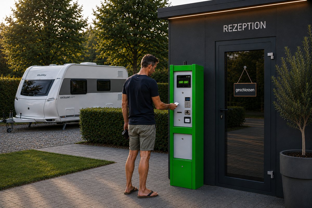 Gast checkt sich am Camping-Strom Kassenautomat ein – Rezeption im Hintergrund geschlossen